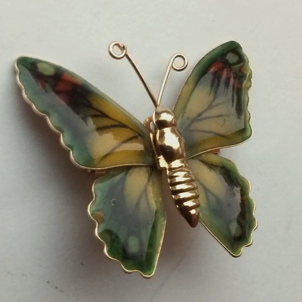 Cloisonne Butterfly Pin Brooch GOld Green Yellow Orange 1 1/4" x 1 3/8"